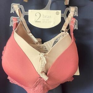 Women's Pink and Cream Lace Trim Bras - Set of 2